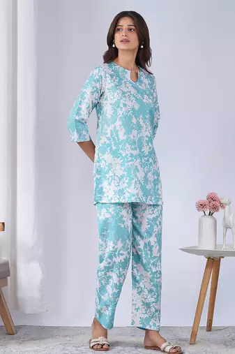 Sky blue color rayon blend designer printed co-ord set for fancy girlie looks