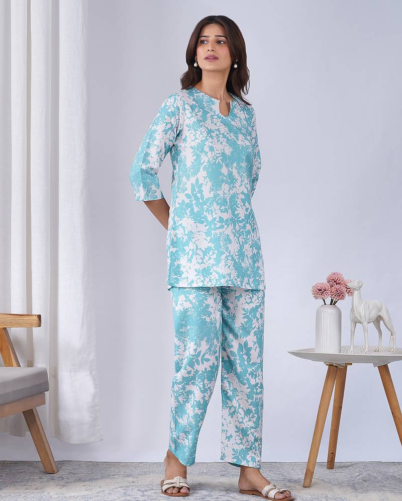 Sky blue rayon blend printed co-ord set