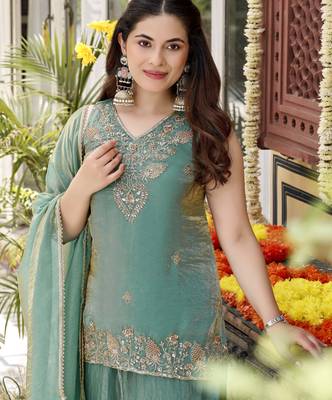 Sea green smart and fendy satin graceful ethnic wear 3