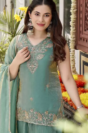 Sea green color smart and beautiful fendy satin fabric graceful ethnic wear for girls