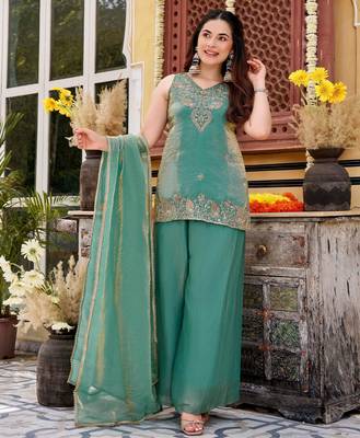 Sea green smart and fendy satin graceful ethnic wear 4
