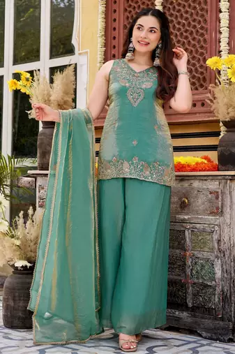 Sea green color smart and beautiful fendy satin fabric graceful ethnic wear for girls