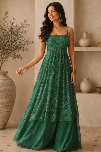 Green color smart festive special girlie top bottom set
