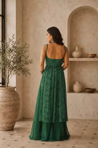 Green color smart festive special girlie top bottom set