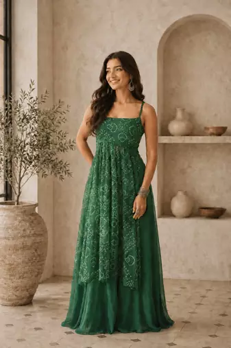 Green color smart festive special girlie top bottom set