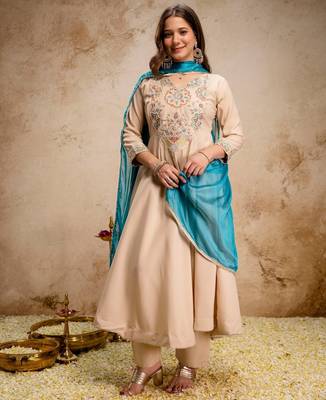 Cream chanderi beads embroidery work heavy wedding attire 1