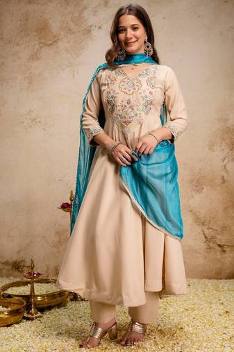 Cream chanderi beads embroidery work heavy wedding attire