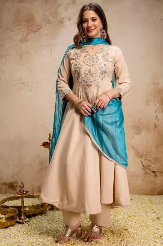 Cream chanderi beads embroidery work heavy wedding attire