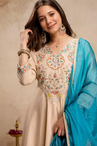 Cream chanderi beads embroidery work heavy wedding attire