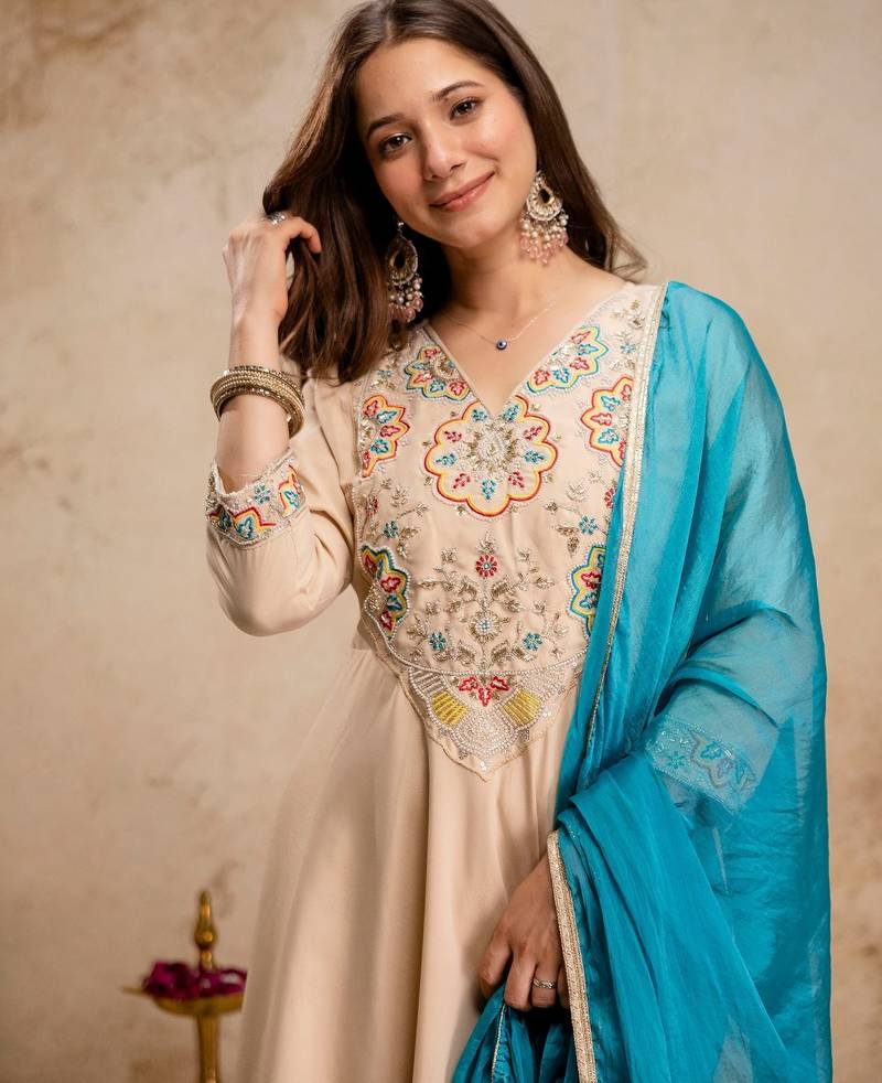 Cream chanderi beads embroidery work heavy wedding attire