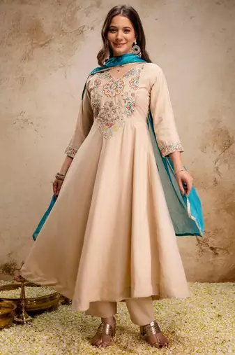 Cream chanderi beads embroidery work heavy wedding attire