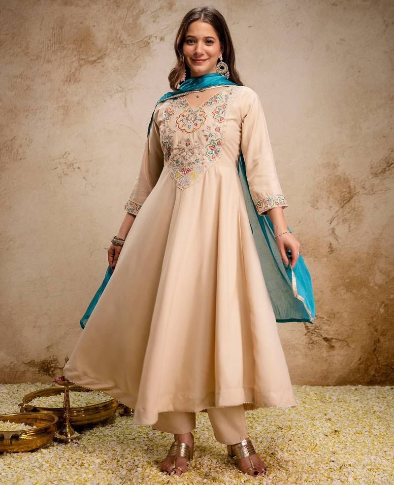 Cream chanderi beads embroidery work heavy wedding attire