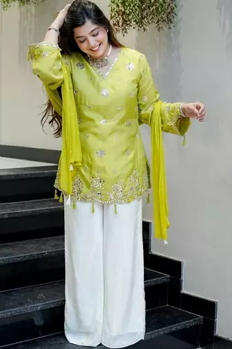 Lemon color silk   fabric designer embroidery work heavy wedding attire for girls