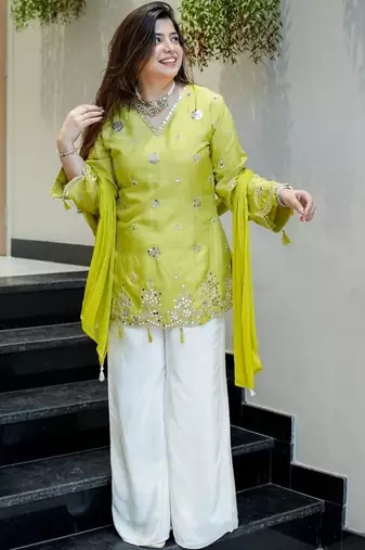 Lemon color silk   fabric designer embroidery work heavy wedding attire for girls