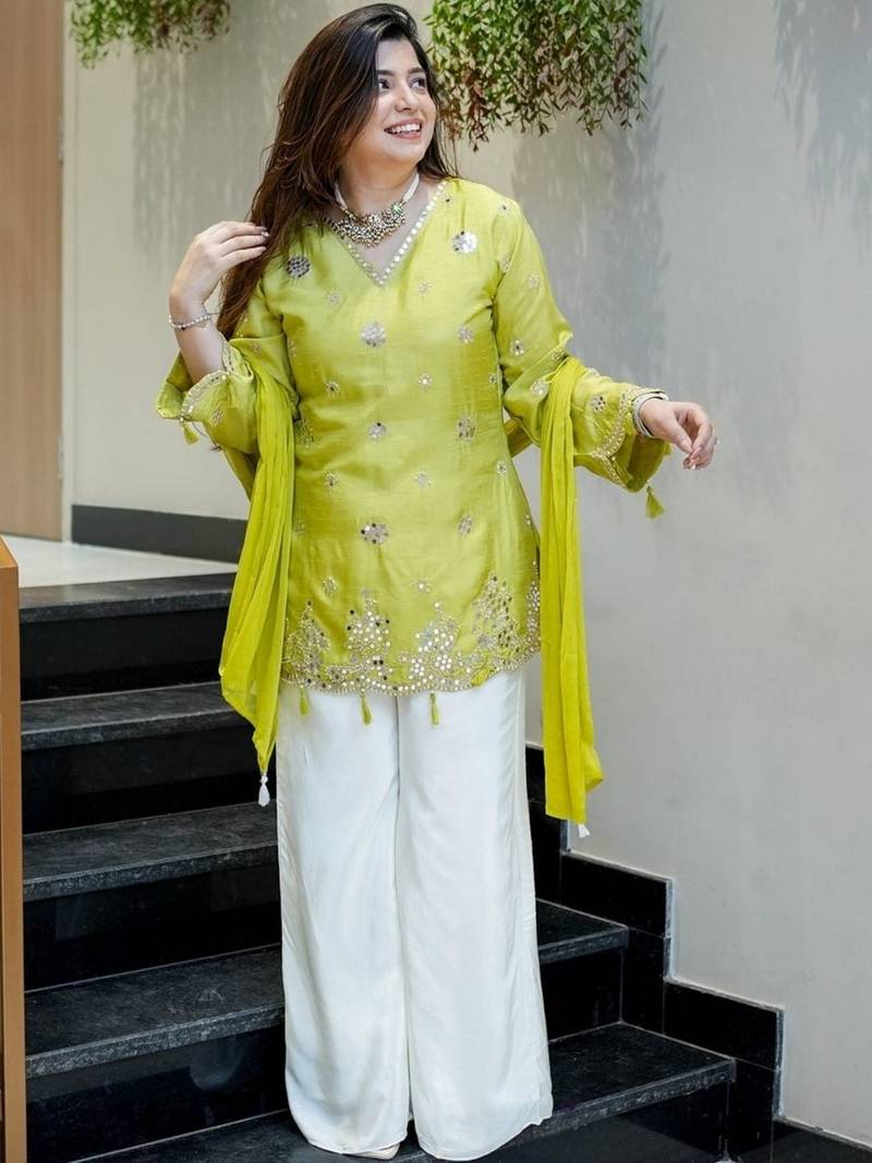 Lemon silk embroidery work heavy wedding attire