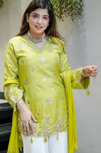 Lemon color silk   fabric designer embroidery work heavy wedding attire for girls