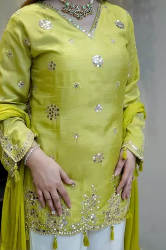 Lemon color silk   fabric designer embroidery work heavy wedding attire for girls