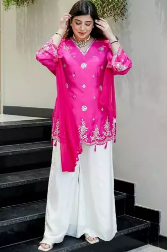 Pink color silk fabric designer embroidery work heavy wedding attire for girls