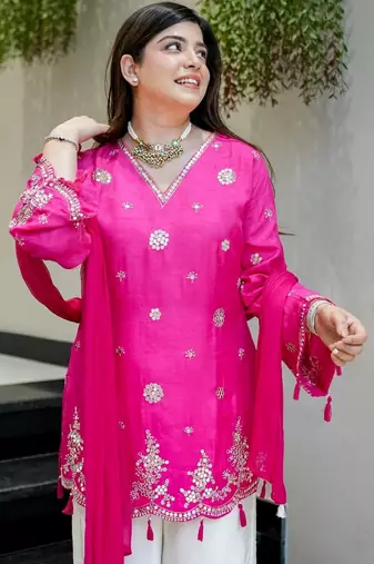 Pink color silk fabric designer embroidery work heavy wedding attire for girls