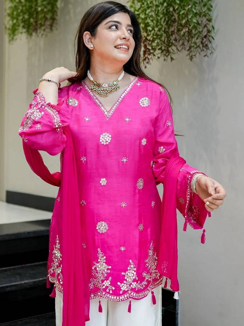 Pink silk embroidery work heavy wedding attire