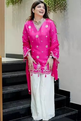 Pink color silk fabric designer embroidery work heavy wedding attire for girls