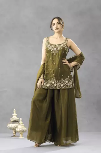 Green color chartin fabric designer embroidery work heavy wedding attire for girls
