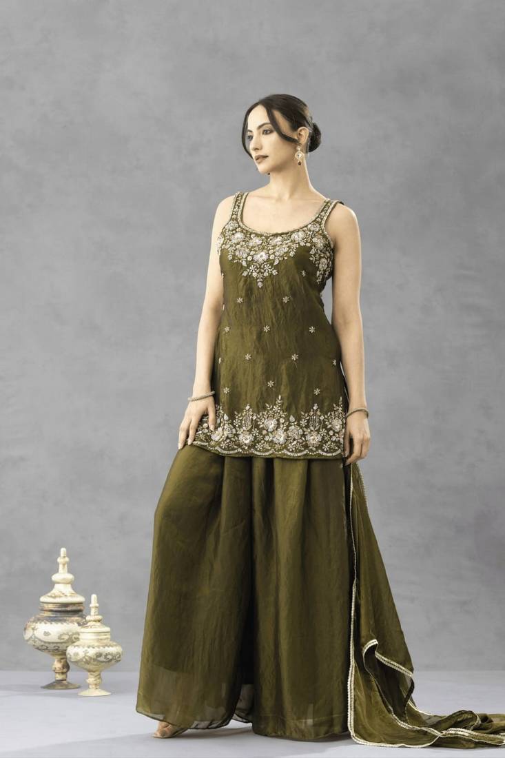 Green chartin embroidery work heavy wedding attire