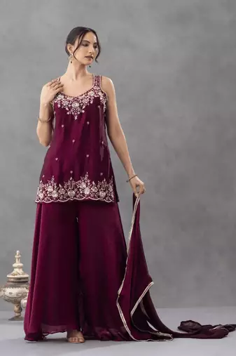 Purple color chartin fabric designer embroidery work heavy wedding attire for girls