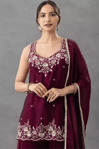 Purple color chartin fabric designer embroidery work heavy wedding attire for girls