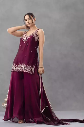 Purple color chartin fabric designer embroidery work heavy wedding attire for girls