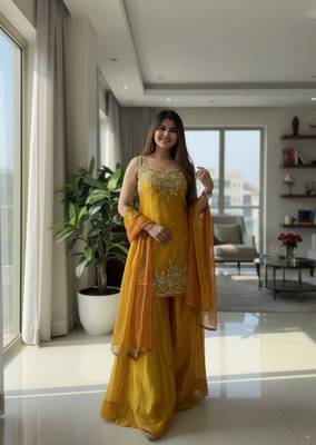 Mustard chartin embroidery work heavy wedding attire 1