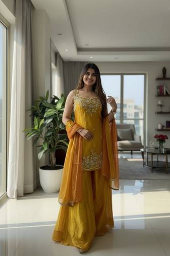 Mustard chartin embroidery work heavy wedding attire