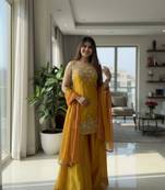 Mustard chartin embroidery work heavy wedding attire