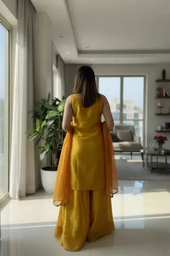 Mustard color chartin fabric designer embroidery work heavy wedding attire for girls