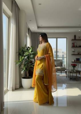 Mustard chartin embroidery work heavy wedding attire 3
