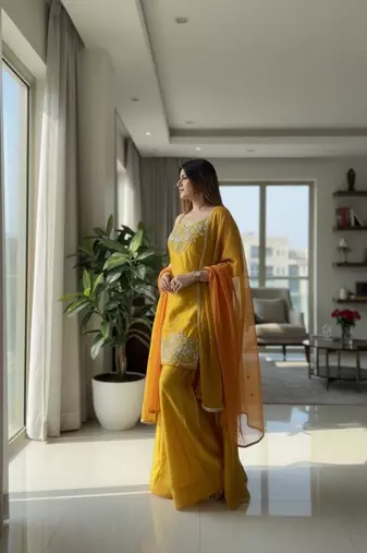 Mustard color chartin fabric designer embroidery work heavy wedding attire for girls