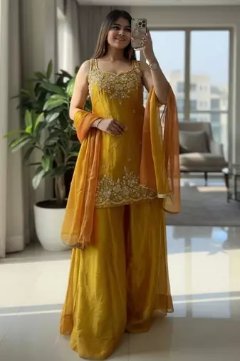 Mustard color chartin fabric designer embroidery work heavy wedding attire for girls