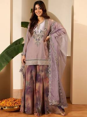 Mauve fendy satin embroidery work heavy wedding attire 1