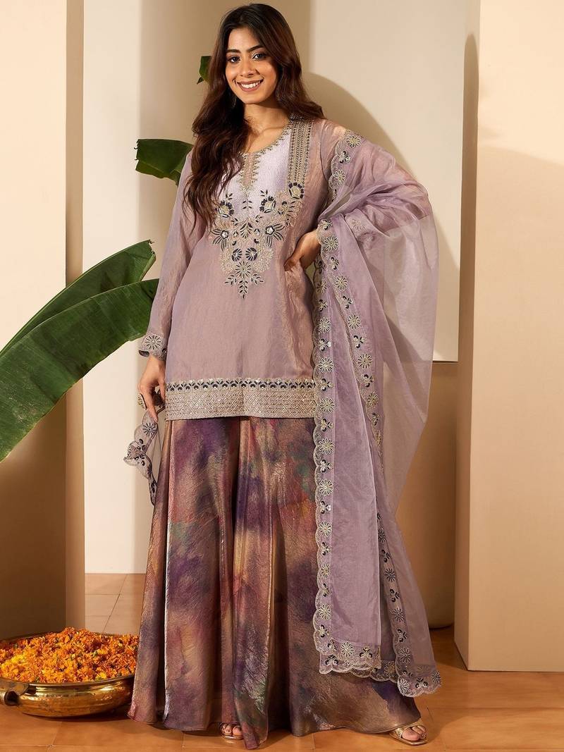 Mauve fendy satin embroidery work heavy wedding attire