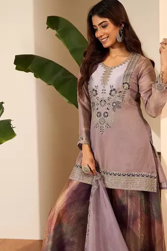 Mauve color fendy satin fabric designer embroidery work heavy wedding attire for girls