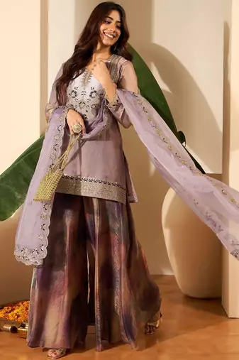 Mauve color fendy satin fabric designer embroidery work heavy wedding attire for girls