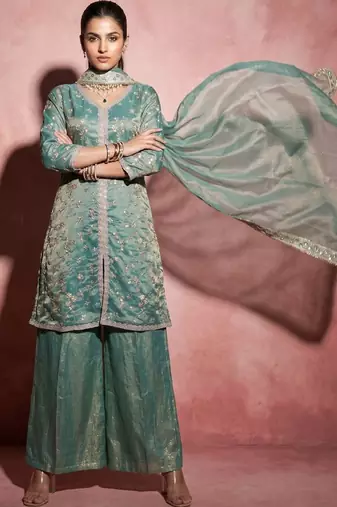 Green color fendy satin fabric designer embroidery work heavy wedding attire for girls