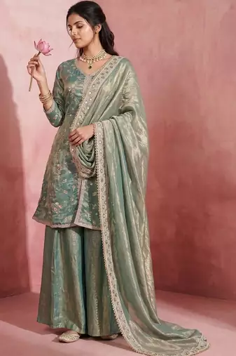 Green color fendy satin fabric designer embroidery work heavy wedding attire for girls