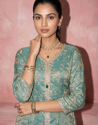 Green fendy satin embroidery work heavy wedding attire 3