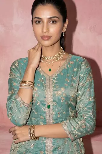 Green color fendy satin fabric designer embroidery work heavy wedding attire for girls