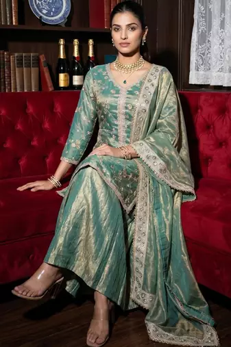 Green color fendy satin fabric designer embroidery work heavy wedding attire for girls