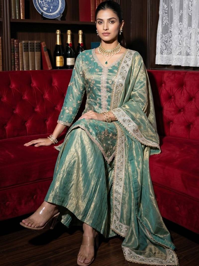 Green fendy satin embroidery work heavy wedding attire