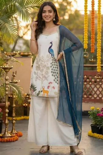 Off white color french crepe fabric designer embroidery work heavy wedding attire for girls