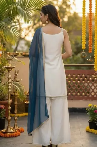 Off white color french crepe fabric designer embroidery work heavy wedding attire for girls