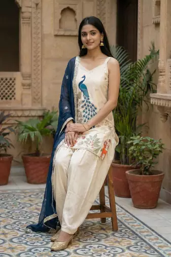 Off white color french crepe fabric designer embroidery work heavy wedding attire for girls